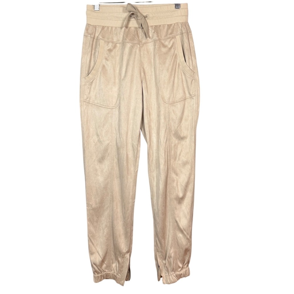 MARRAKECH Women's Stretch Faux Suede Joggers, Tan, Zipper Hem, Size Small